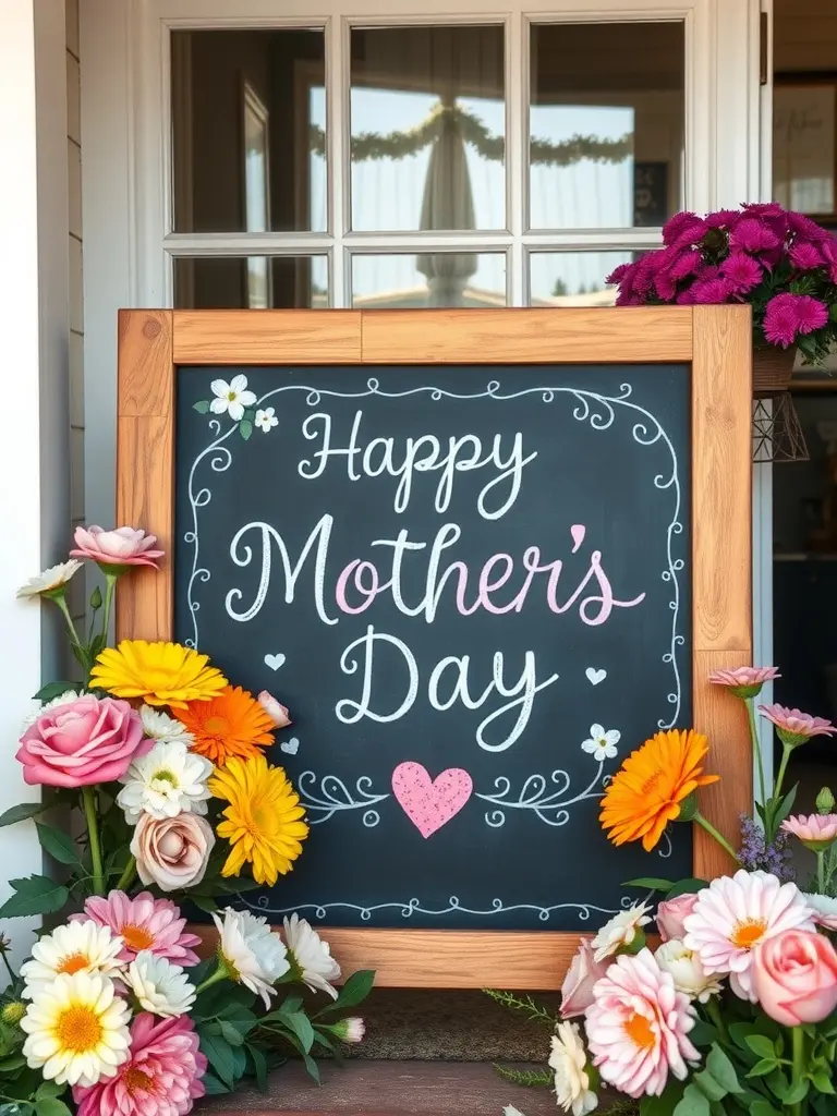 Chalkboard sign saying 'Happy Mother's Day' surrounded by colorful flowers.