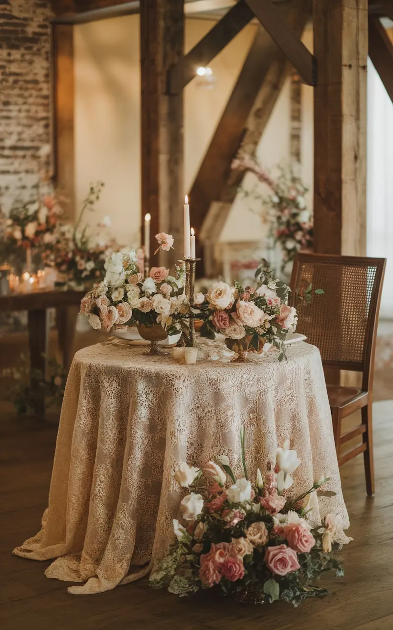 A beautifully set table featuring vintage lace accents, pastel flowers, and candles.