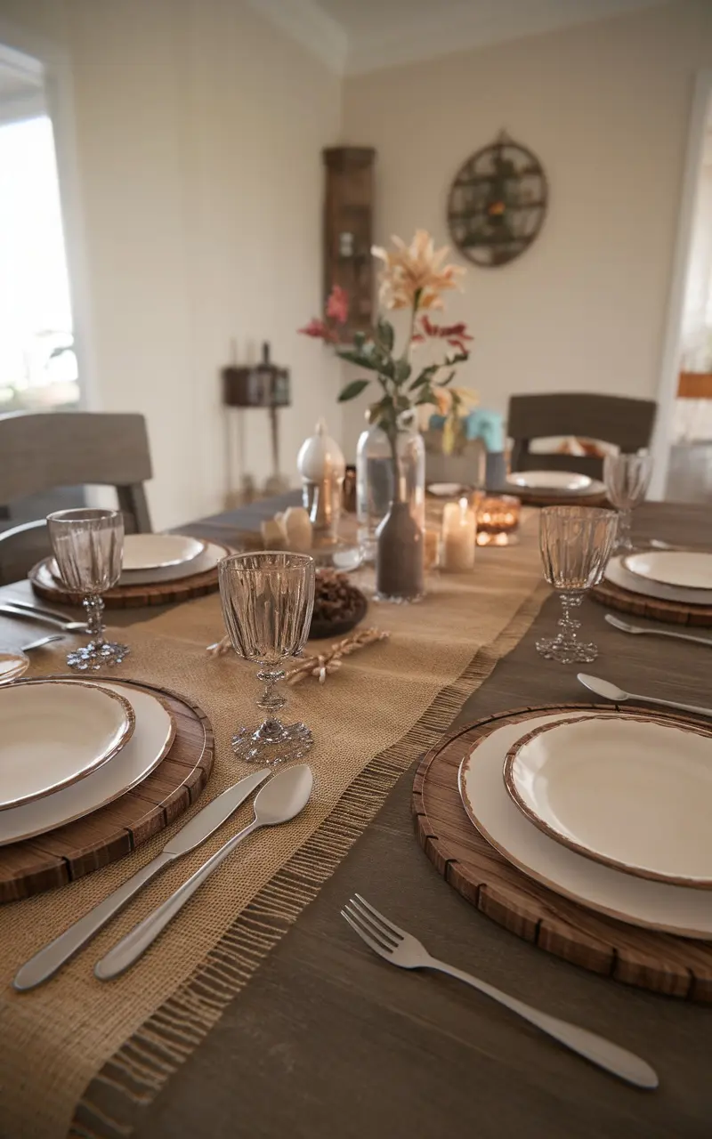 A rustic table setting with wooden accents, glassware, and flowers, creating a warm atmosphere.