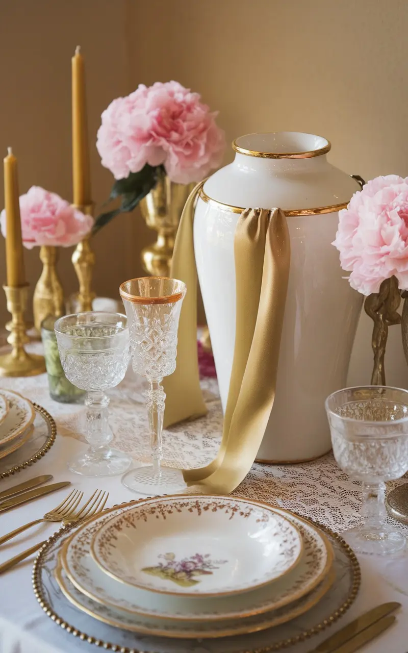 A beautifully set table with vintage tableware, crystal glasses, and pink peonies.