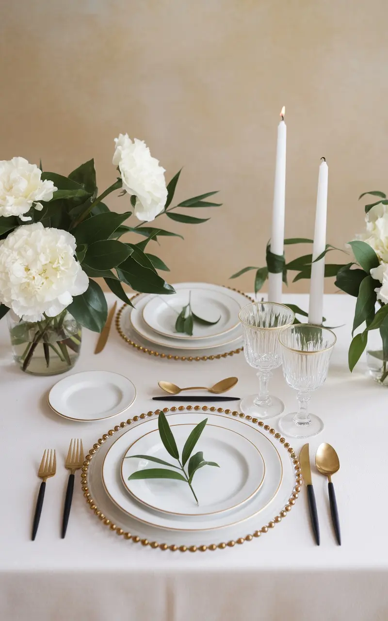 A beautifully set table featuring white flowers, elegant dinnerware with gold accents, and candles.