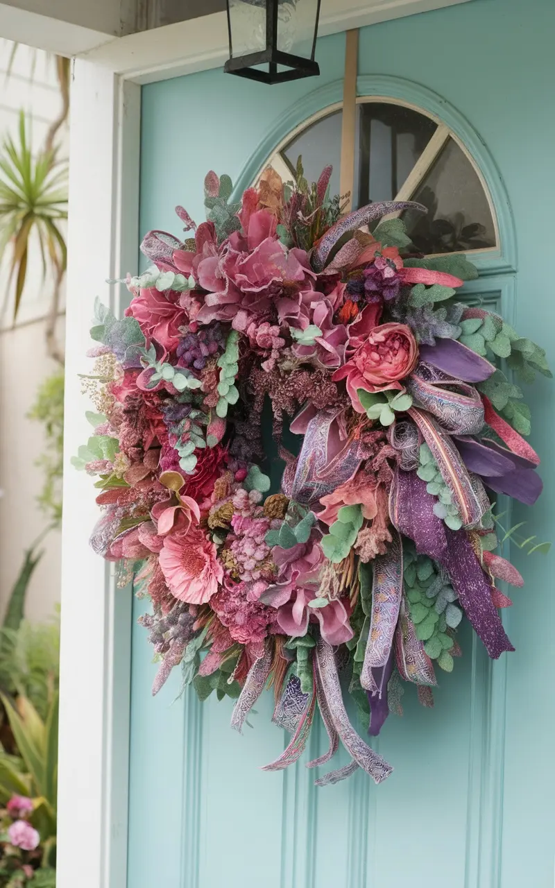 A colorful wreath made of various flowers and ribbons, hanging on a blue door.