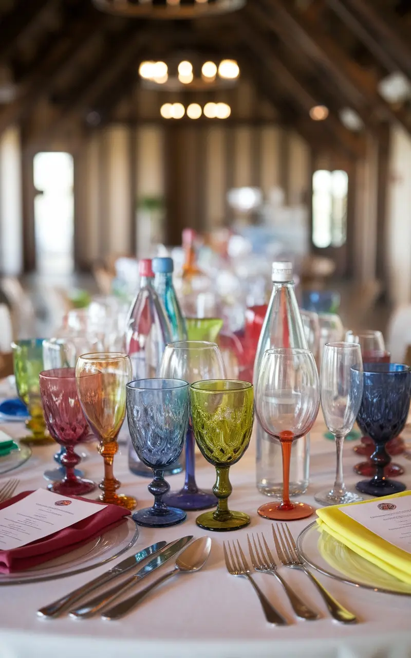 A beautifully arranged table with colorful glassware for Mother's Day