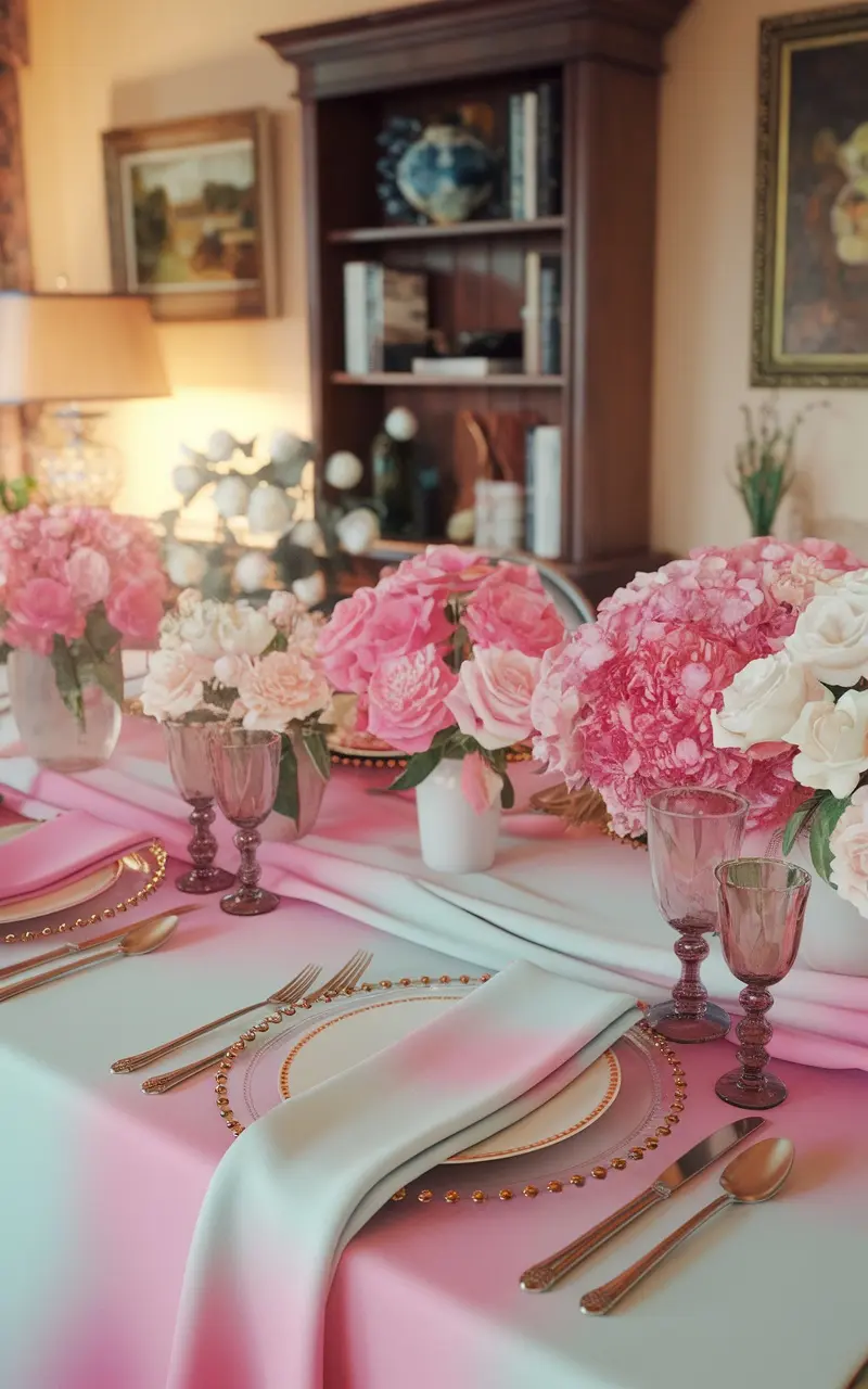 A beautifully set table with colorful ombre linens, featuring pink and white flowers, elegant glassware, and gold-accented plates.