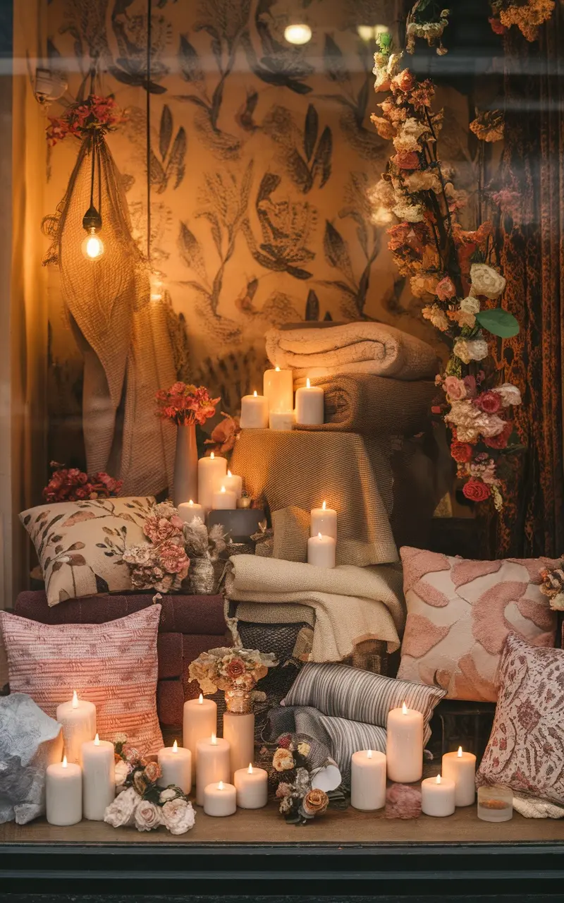 A cozy window display featuring blankets, pillows, and candles for Mother's Day.