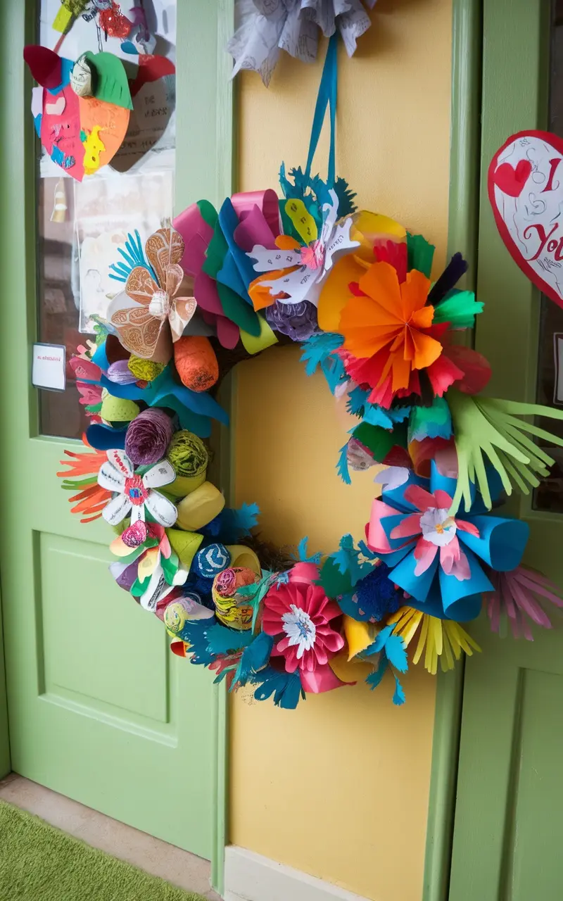 Colorful paper wreath with various flowers and shapes, perfect for Mother's Day.