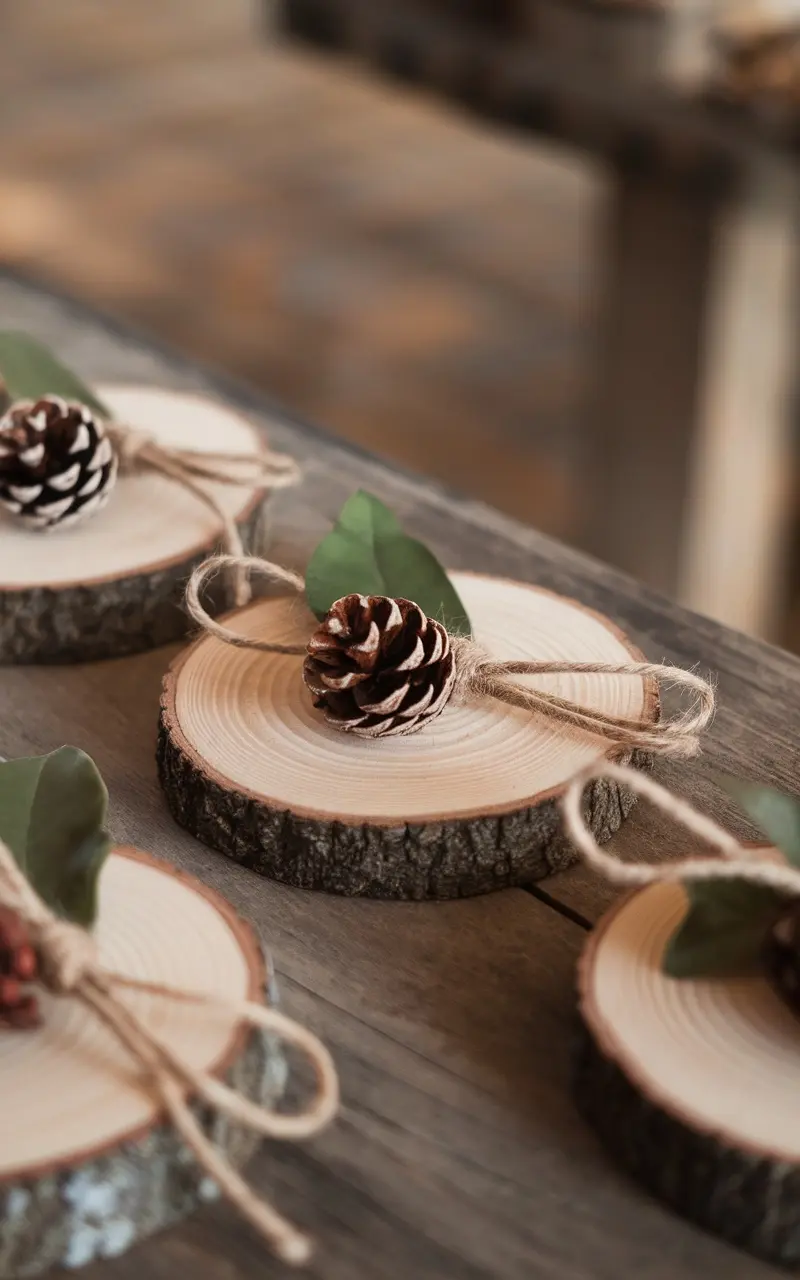 Crafty DIY place cards made from wood slices with pinecones and twine.