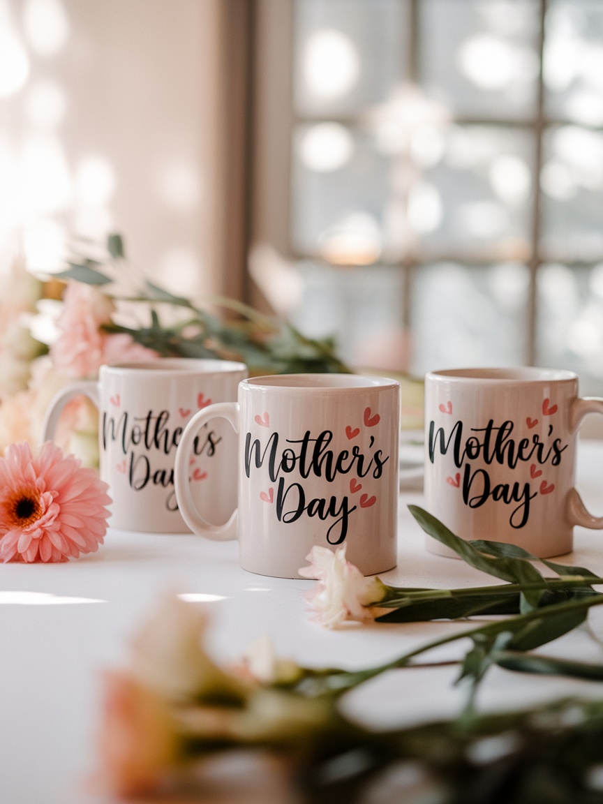 Two customized mugs on a wooden table with flowers in the background.