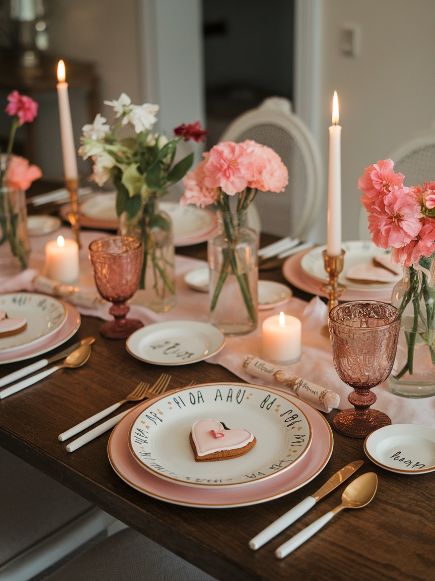 A beautifully set table for Mother's Day featuring customized plates and floral arrangements.