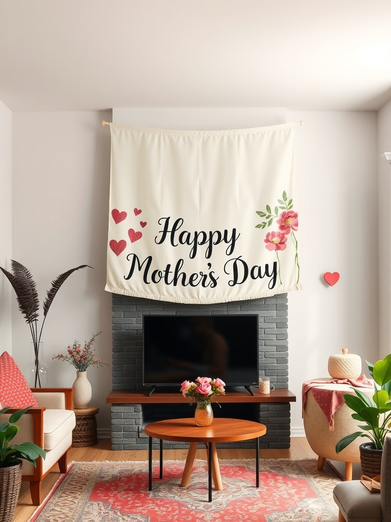 A decorative banner that says 'Happy Mother's Day' hanging above a TV in a cozy living room setting.