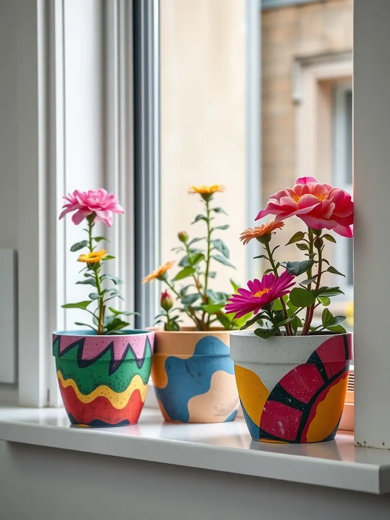 Colorful DIY flower pots with vibrant flowers on a windowsill