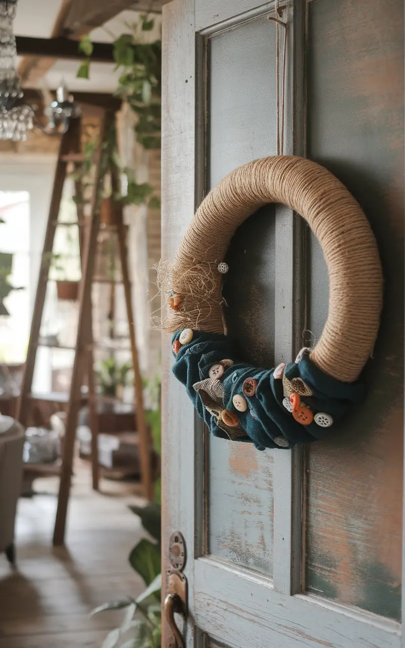 A handmade wreath made of twine and teal fabric with buttons, hanging on a rustic door.