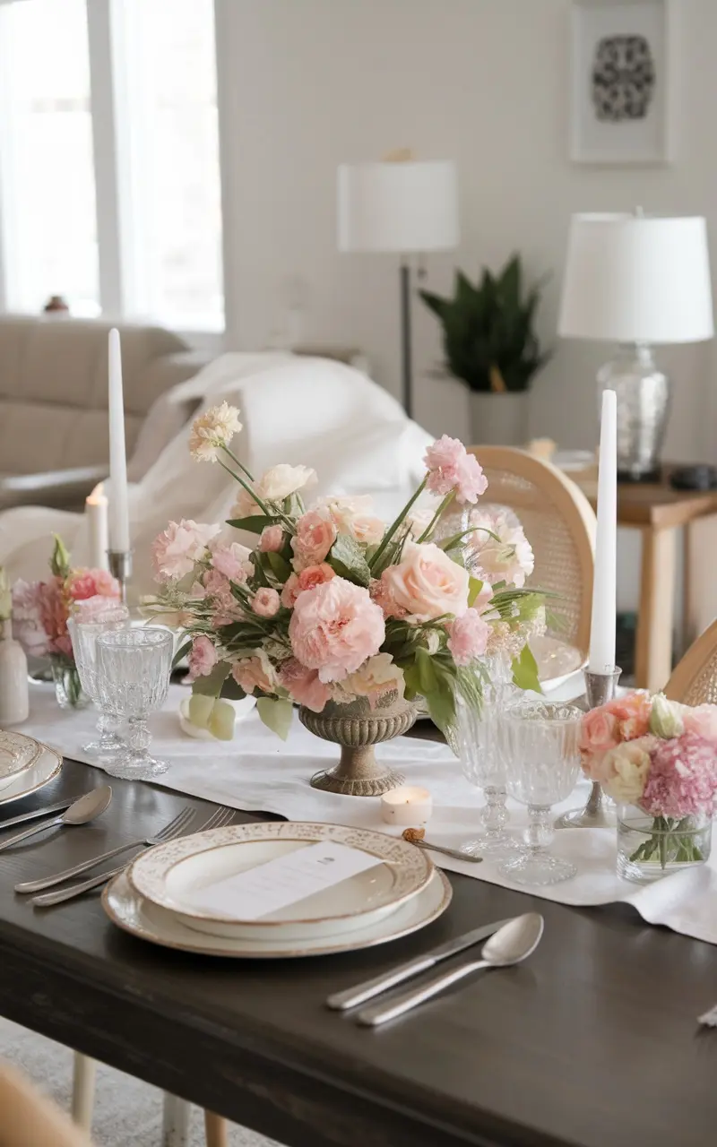 An elegant table setting featuring a floral centerpiece with pink roses and delicate blooms in a charming urn, surrounded by crystal glassware and white candles.