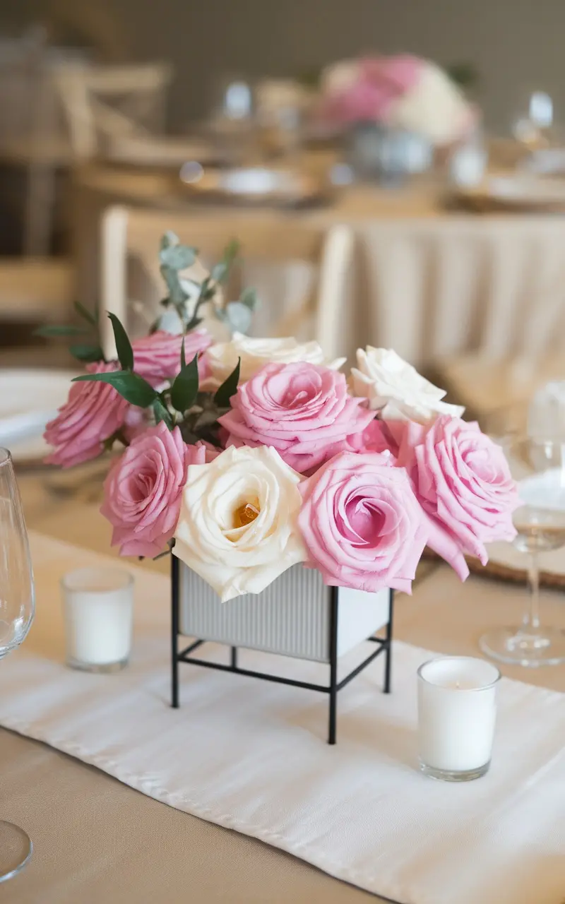 A floral centerpiece featuring pink and white roses in a stylish container, surrounded by small candles, set on a table.
