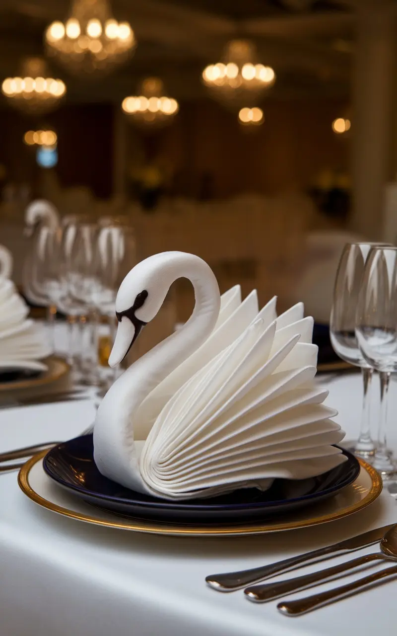 A beautifully folded napkin shaped like a swan, set on a luxurious table with elegant tableware.