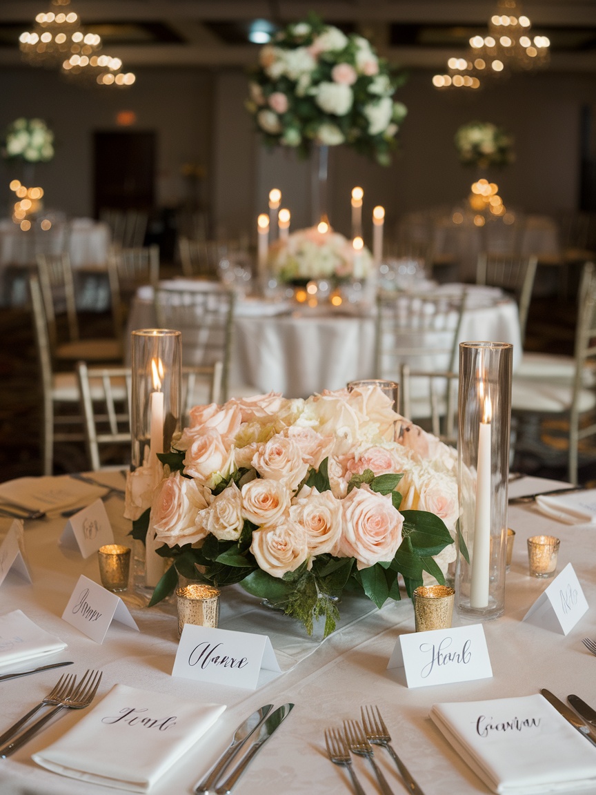 A beautifully arranged dining table with elegant place cards and a bouquet of white roses.