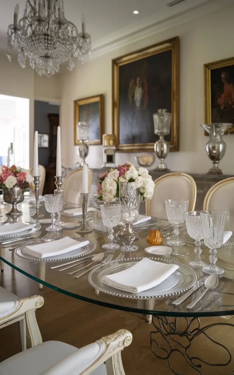 An elegant Mother's Day table setting showcasing silver and crystal elements, with floral arrangements and candles.