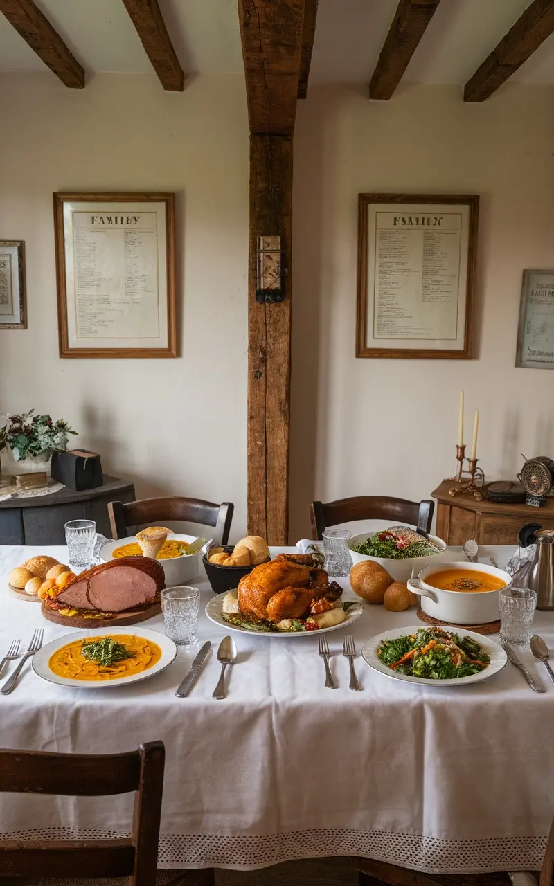 A beautifully set dining table featuring a roasted turkey, sides of vegetables, and family recipe displays on the walls.