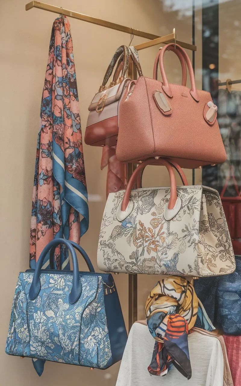 A stylish window display featuring colorful handbags and scarves, perfect for Mother's Day gifts.