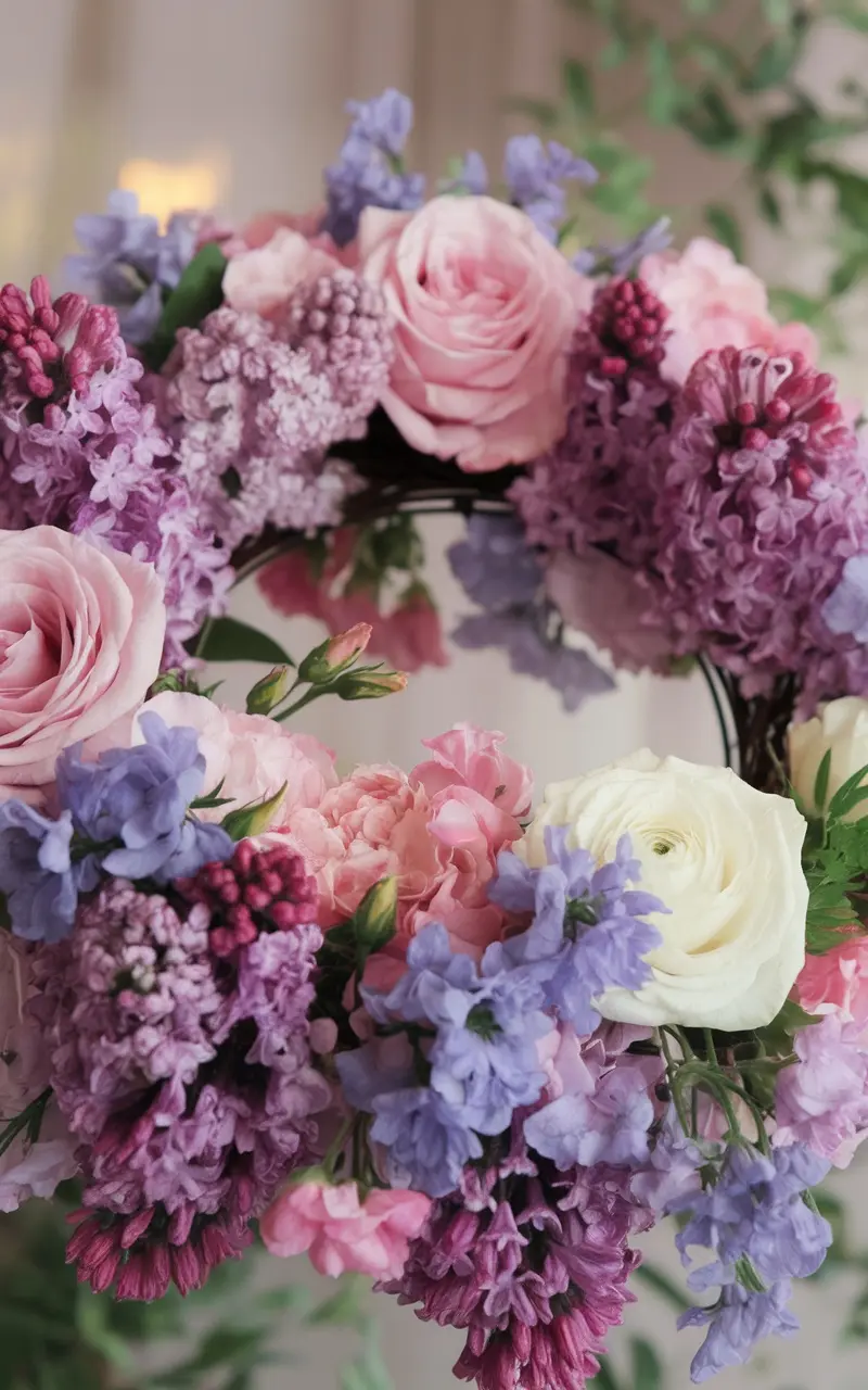 A colorful Mother's Day wreath made of pink and purple flowers.