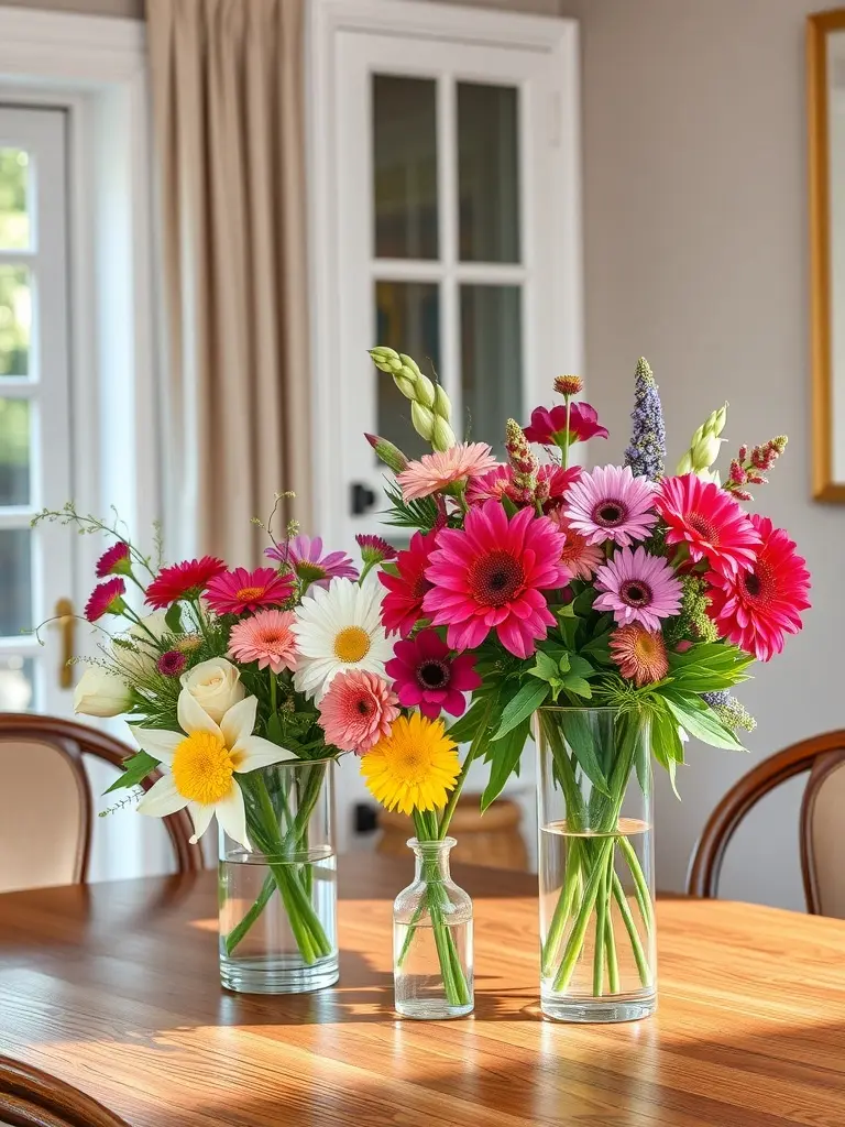 Colorful floral centerpiece arrangements in glass vases on a wooden table