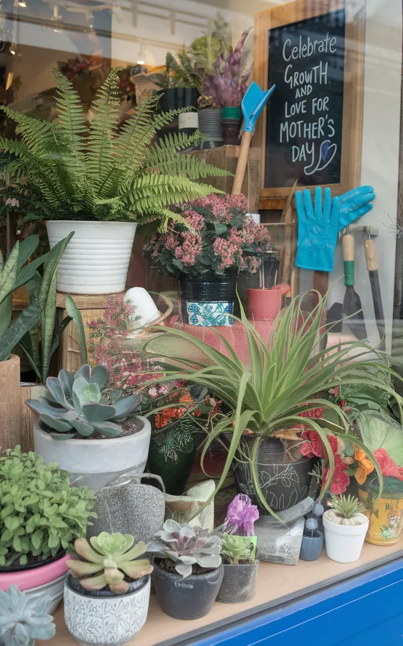 A window display featuring various potted plants and gardening tools for Mother's Day.