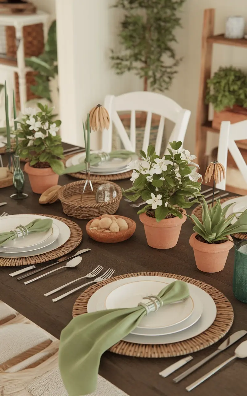 A beautifully set table for a Mother's Day garden party featuring potted plants in terracotta containers, natural materials, and a cozy ambiance.