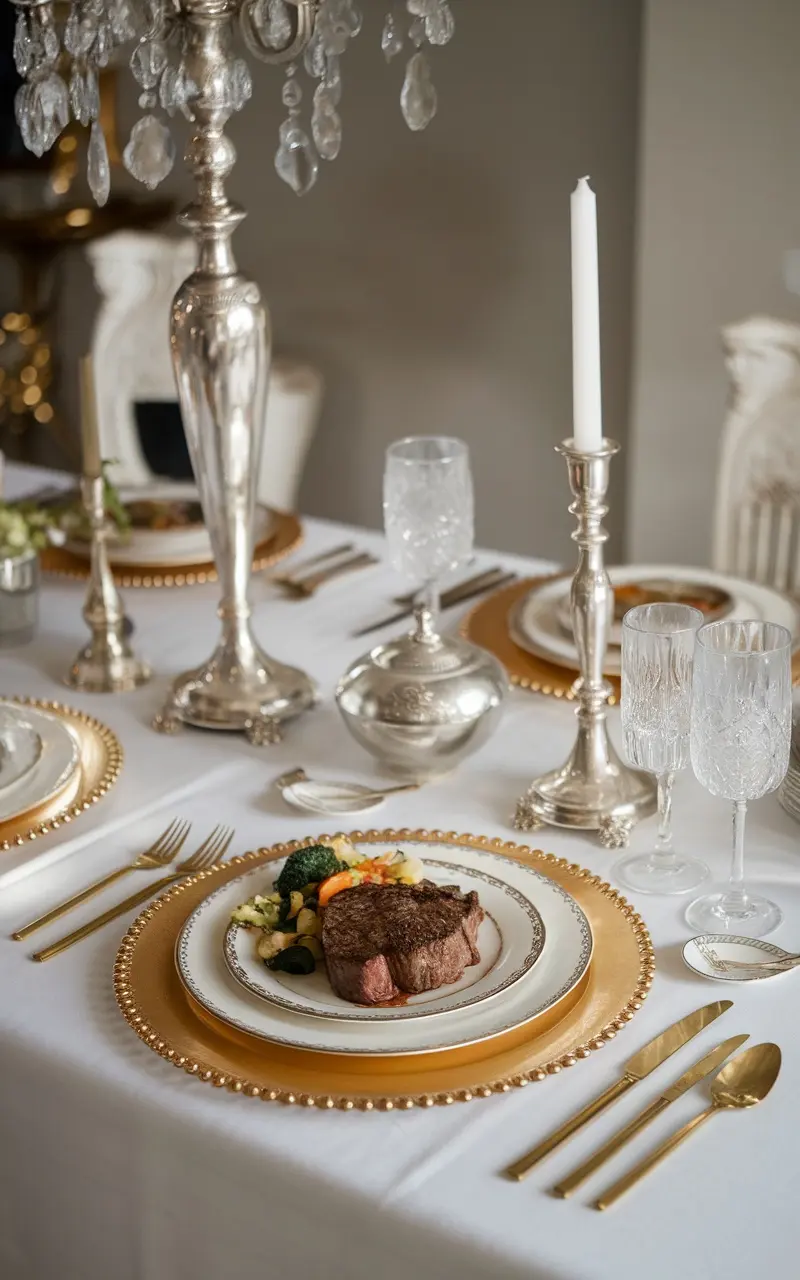 A beautifully set Mother's Day table featuring metallic elements and white hydrangeas.