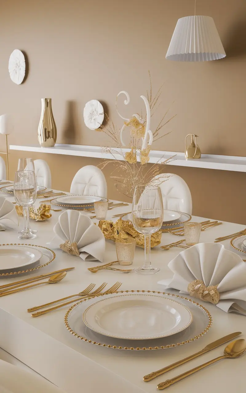 Elegant table setting featuring gold and white elements for Mother's Day