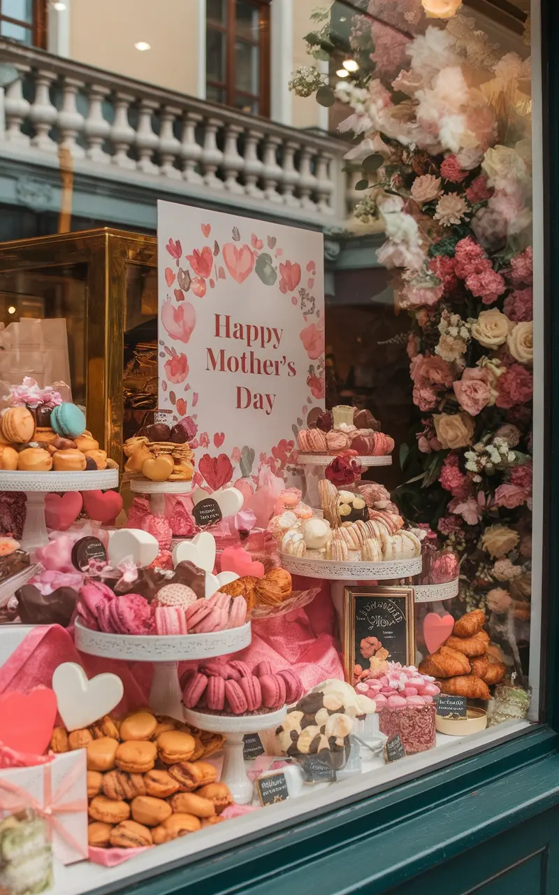 A window display featuring assorted gourmet treats for Mother's Day, including macarons, chocolates, and pastries, with a floral background and a sign that says 'Happy Mother's Day.'