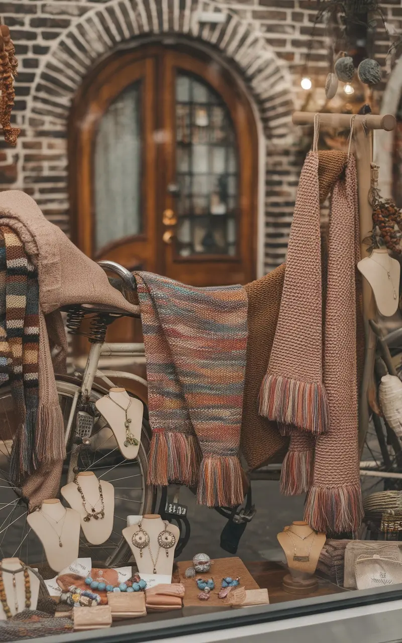 A charming window display featuring handmade scarves and jewelry on a vintage bicycle.