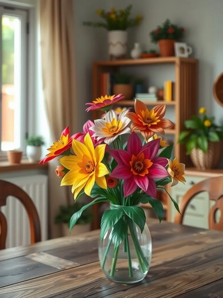 A colorful arrangement of handmade paper flowers in a vase on a wooden table