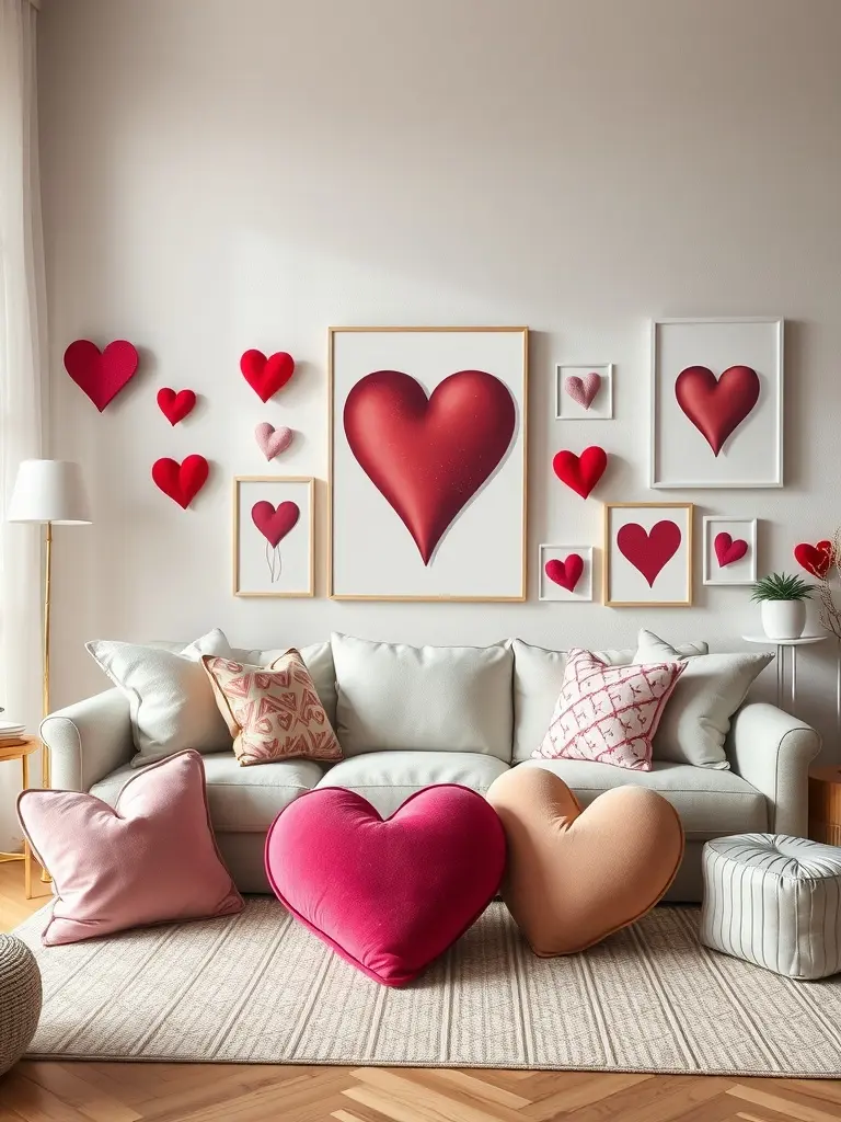 A cozy living room featuring heart-shaped decor elements, including wall art and oversized pillows.