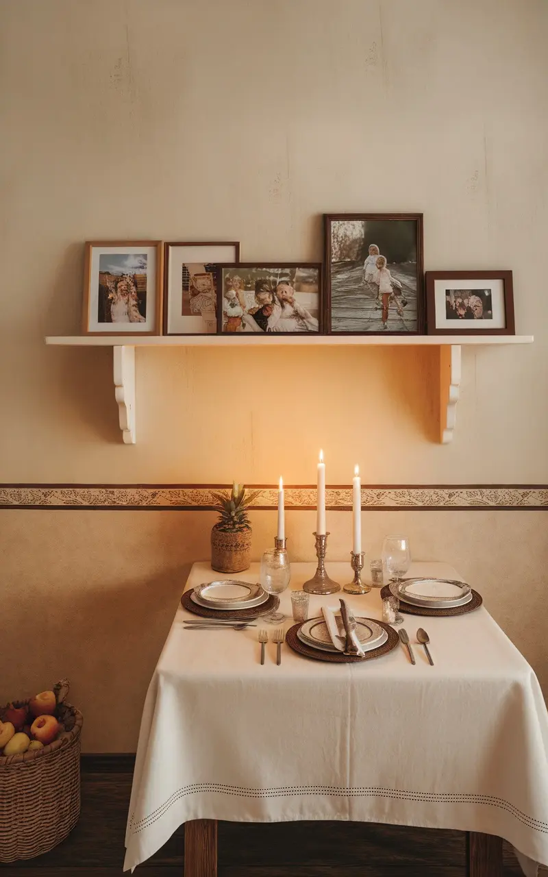 A cozy dining table setting with family photos displayed on a shelf above, candles lit, and a basket of fruit nearby.