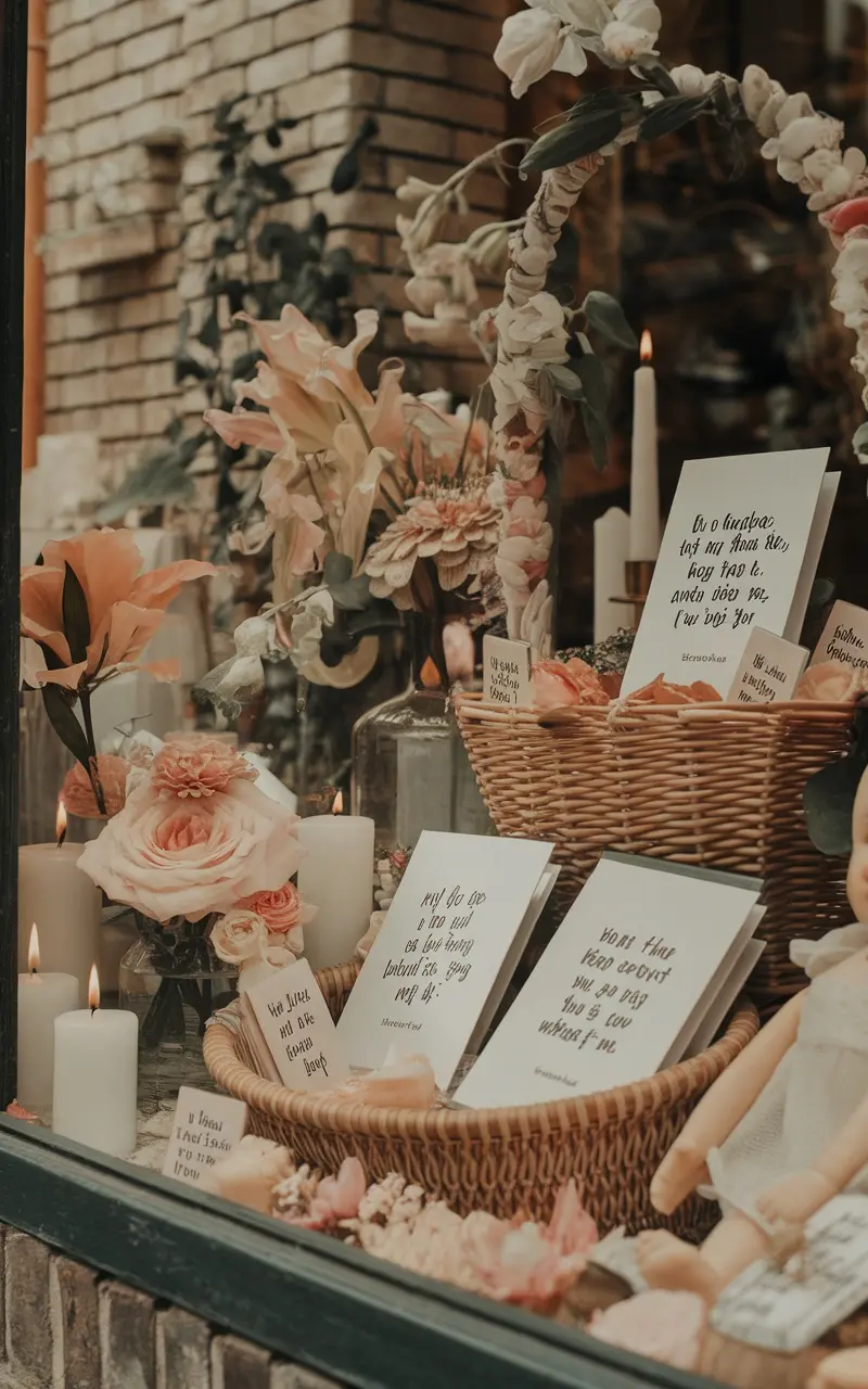 A window display showcasing heartfelt messages and quotes for Mother's Day, featuring flowers, candles, and decorative cards.