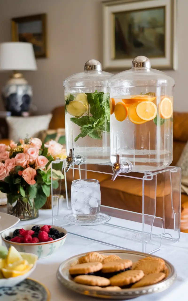 A beautiful herb-infused water station featuring two dispensers with fresh herbs and citrus fruits, surrounded by flowers, berries, and cookies.