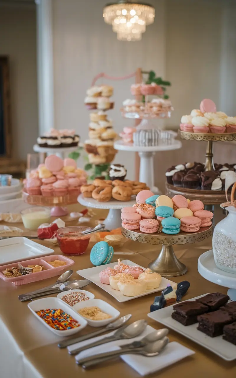A beautifully arranged dessert bar featuring macarons, cupcakes, and various toppings for a Mother's Day celebration.