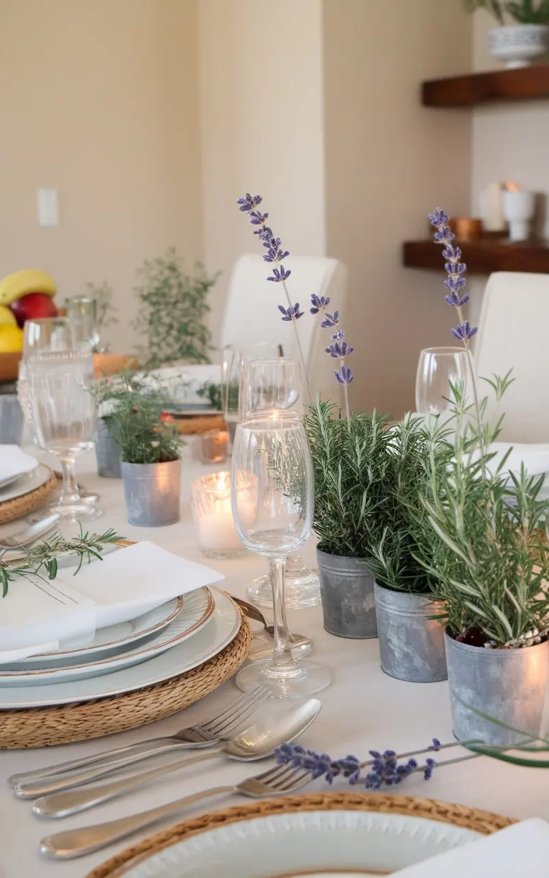 A beautifully set table for Mother's Day featuring lavender and herbs in small pots, elegant glassware, and a neutral tablecloth.