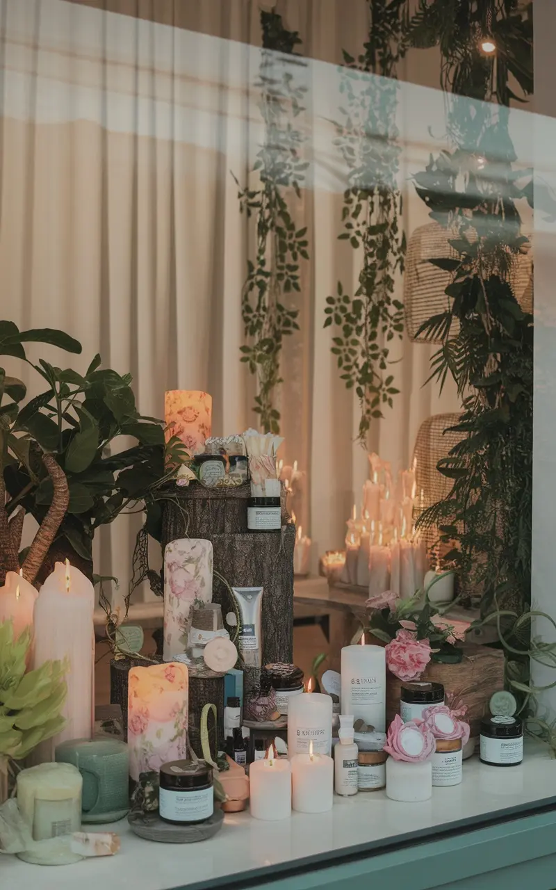 A luxurious spa retreat window display featuring candles, skincare products, and greenery.