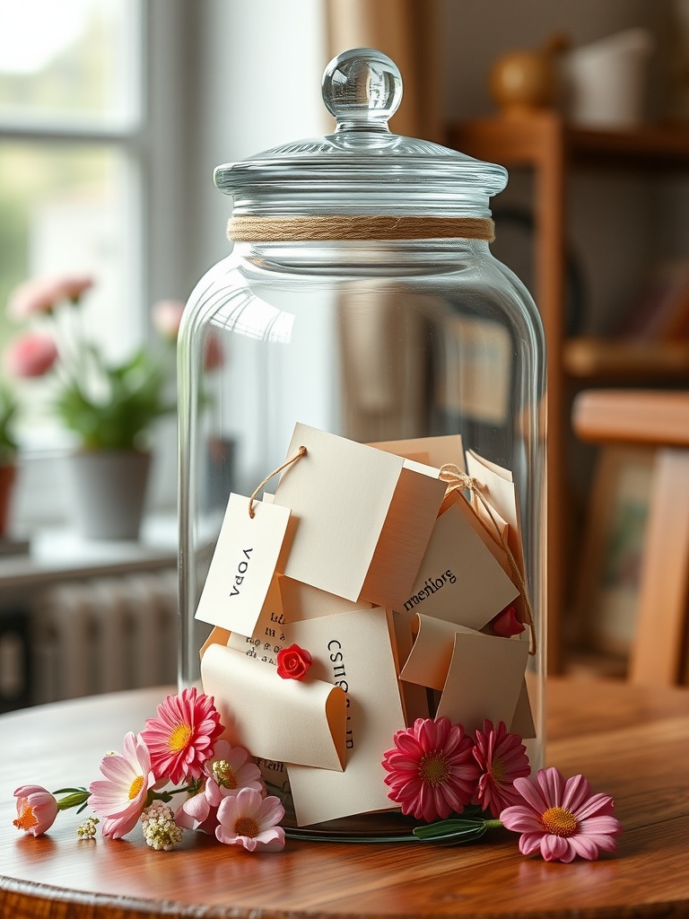 A glass jar filled with memory notes and surrounded by colorful flowers.