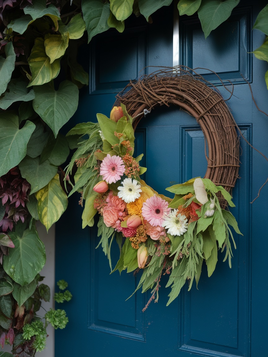 A nature-inspired wreath with colorful flowers and greenery hanging on a door.