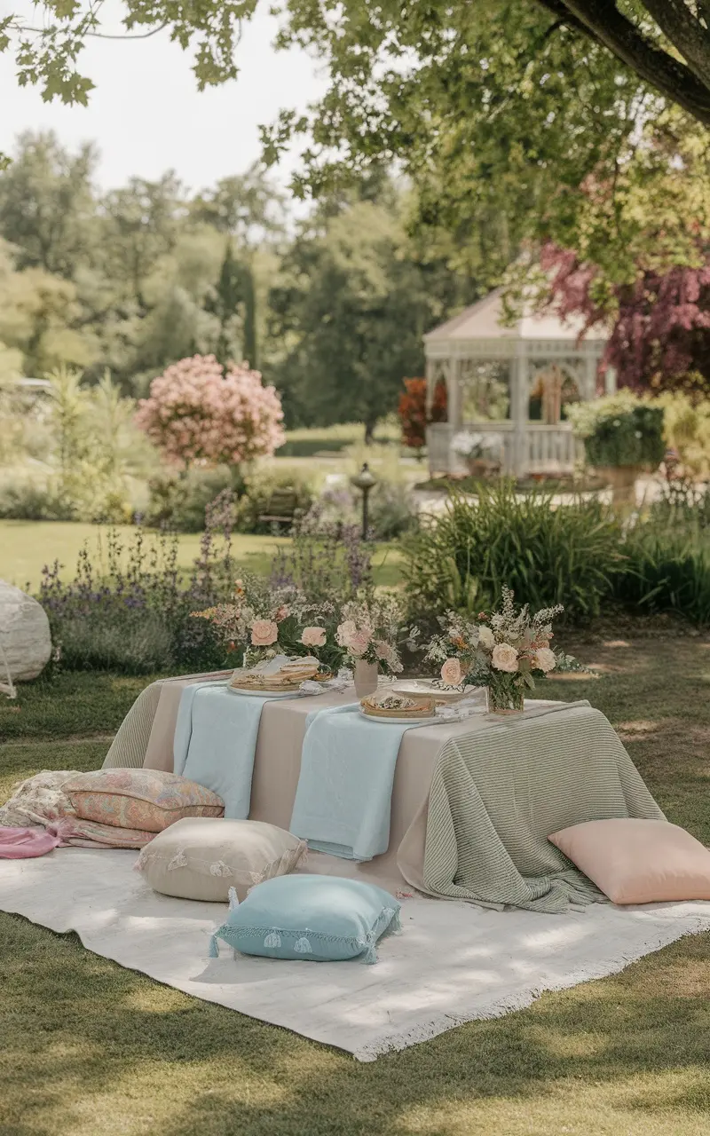 A cozy outdoor picnic setup with pastel pillows, a decorated table with floral arrangements, and a gazebo in the background.