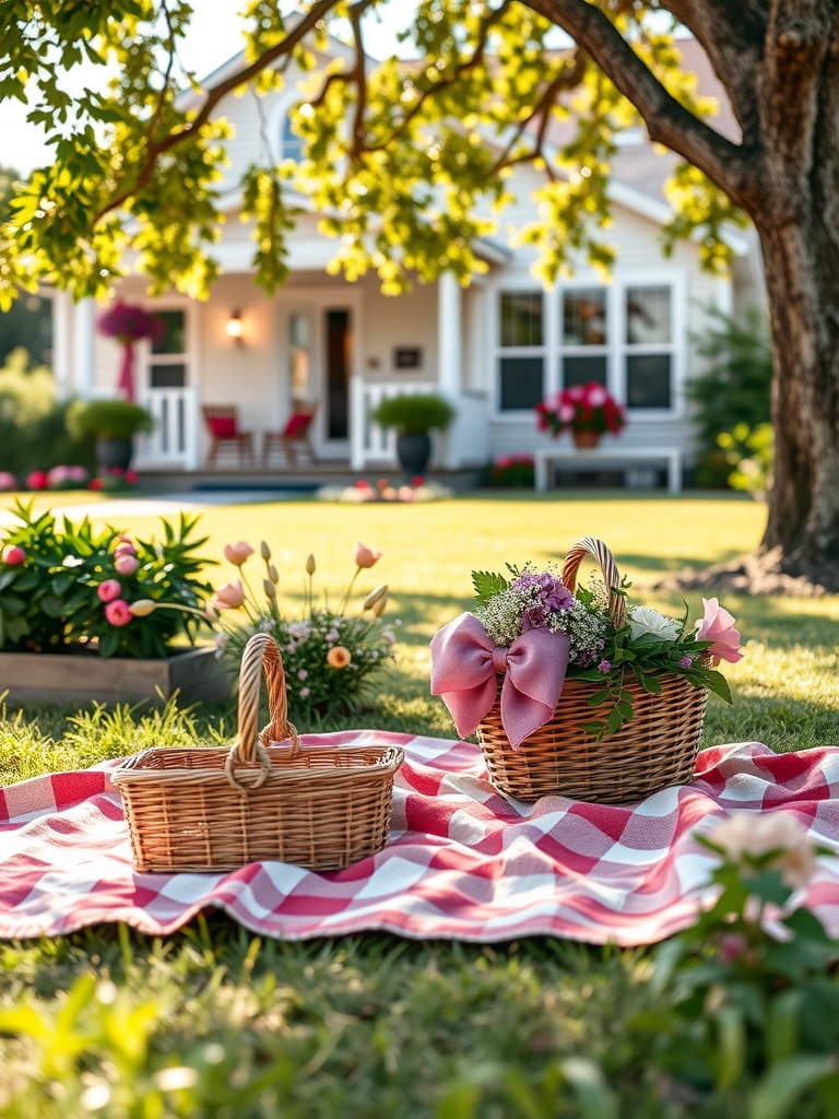 A cozy outdoor picnic setup with wicker baskets and a checkered blanket.