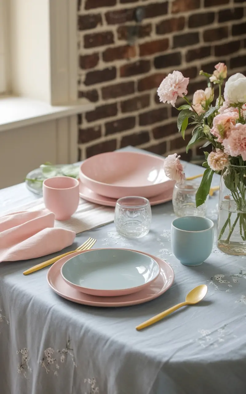 A beautifully set table for Mother's Day featuring pastel colors, including pink and blue dishes, soft grey tablecloth, and fresh pink flowers.