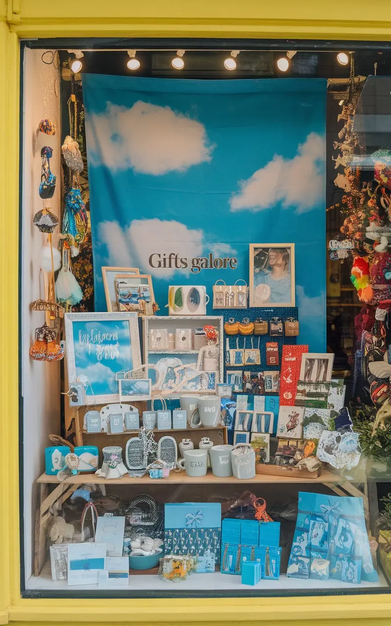 A vibrant window display featuring a variety of personalized gifts, including photo frames, mugs, and unique decor items in soft blue tones.