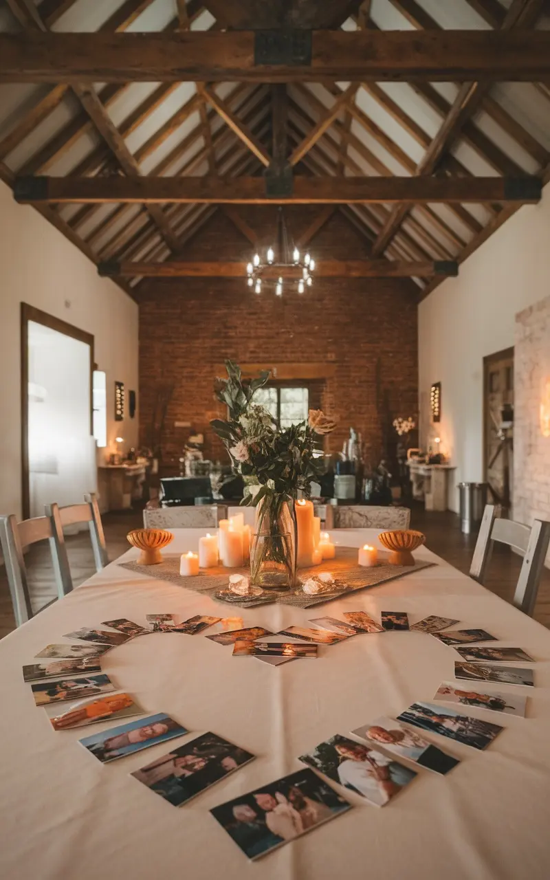 A beautifully arranged Mother's Day tablescape featuring a heart-shaped display of photos, candles, and flowers.