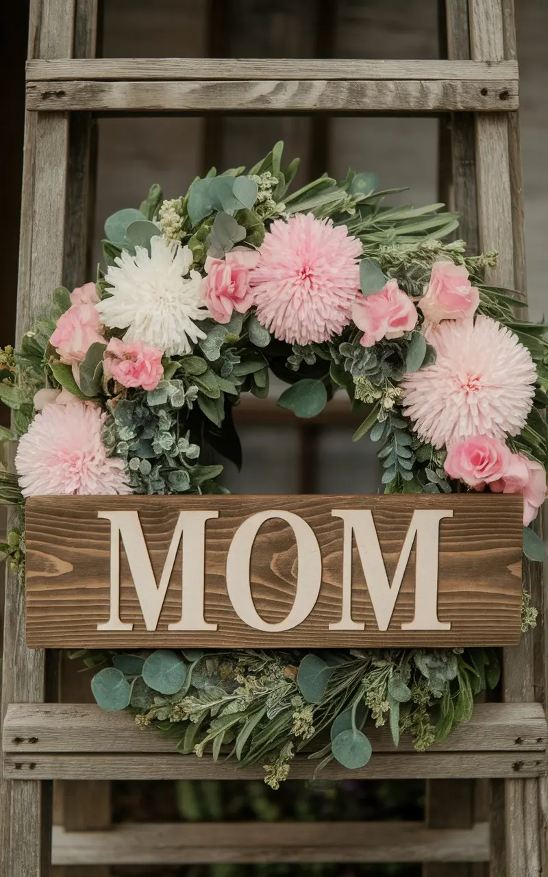A Mother's Day wreath with flowers and a wooden sign that says 'MOM'