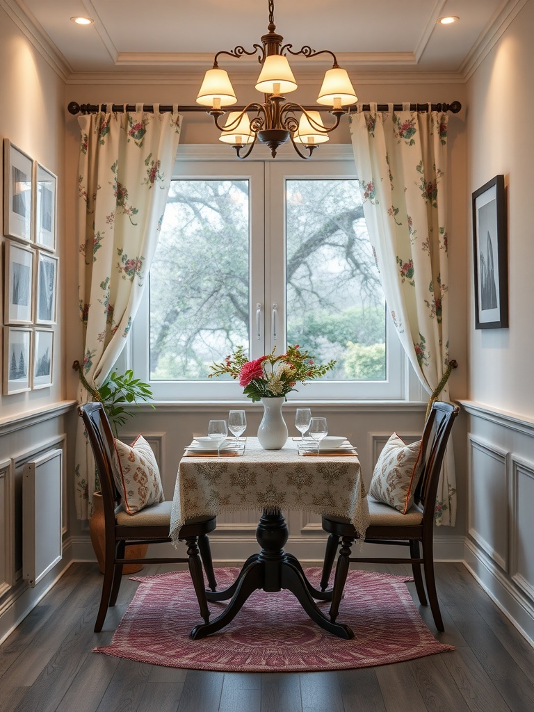 A quaint dining nook with floral curtains, a small table, and a vase of fresh flowers.