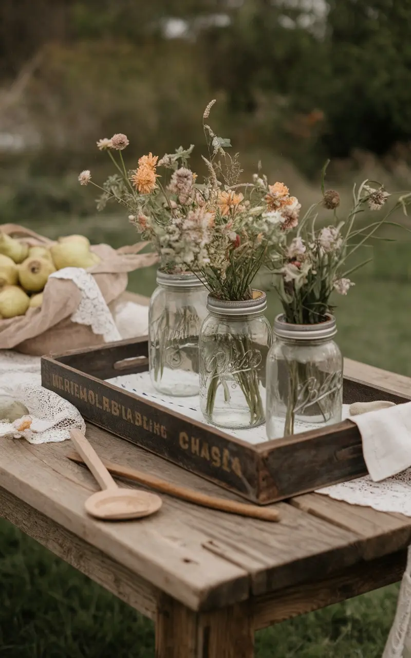 A rustic table setting featuring mason jars filled with wildflowers, a wooden tray, and a basket of green apples.