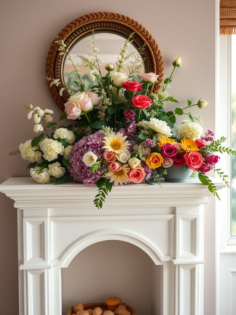 A colorful seasonal flower display on a white mantel with a mirror in the background.